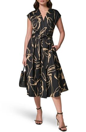 DKNY Abstract Print Stretch Cotton Midi Dress in Black/Fawn at Nordstrom, Size 10