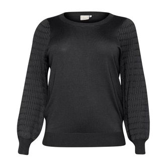 Kaffe Curve Zwart Oester Gebreide Trui met Pofmouwen - Dames - Ronde hals truien - Zwart - M - Truien & Vesten