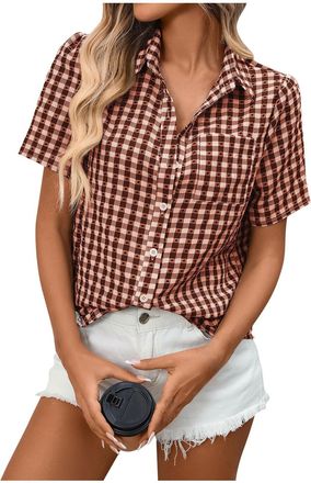 Generic Women Plaid Shirt Short Sleeve Button Down Tops Ladies Checked Lapel Tunic Shirts Office Work Blouses Comfy Loose Boyfriend Top Oversized Tee Shirts V