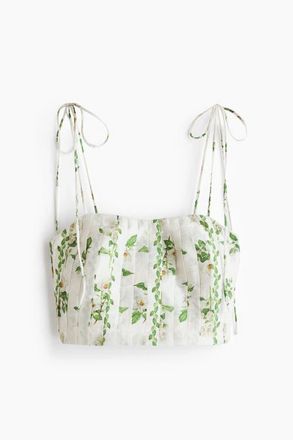 H&M Pleated Linen-blend Crop Top in Ivory/floral at Nordstrom, Size X-Small