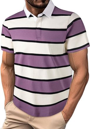Generic Regular Fit Striped T Shirt for Men Casual Fashion Striped Loose Short Sleeved Lapel Short Sleeved T Shirt for Outdoor Workout Party Xmas Gifts (Purpl