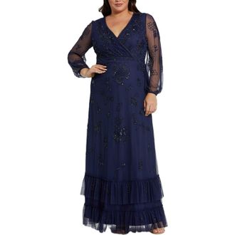 Mac Duggal Puff Sleeve V-Neck TIered Embellished Gown in Midnight at Nordstrom, Size 24W