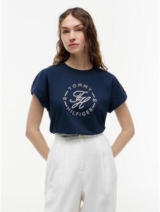 Tommy Hilfiger Womens Nautical Script Monogram Cuffed T-Shirt - Navy - XS