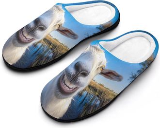 Generic A Goat Smiles at The Camera Mens Slippers Slip On Comfortable Fleece Cotton House Shoes Winter