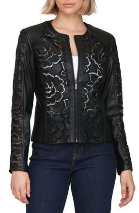 Bagatelle Floral Ladder Cutout Faux Leather Jacket in Black at Nordstrom Rack, Size Large