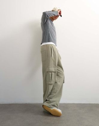 Topman jogger in twill pesante vestibilit&agrave; ampia con tasche cargo, khaki-Verde