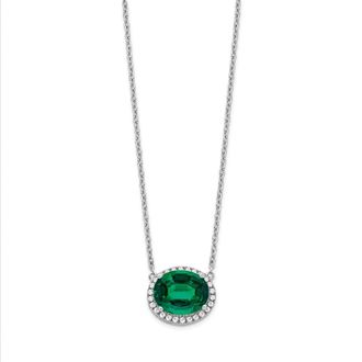 Diamond2Deal 14k White Gold Oval Created Emerald and Diamond Halo Pendant Necklace