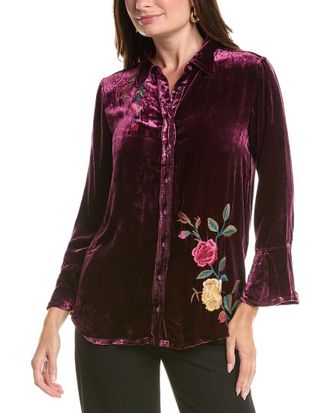 Johnny Was Flounce Sleeve Velvet Silk-Blend Shirt