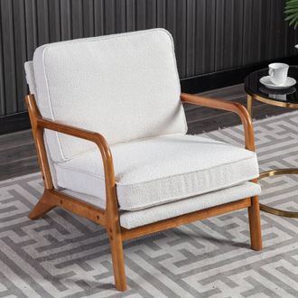 Matteo Mid-Century Modern Beige Boucl&eacute; Accent Armchair with Solid Wood Frame