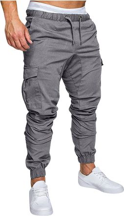 Generic Cargo Trousers for Men Cargo Drawstring Regular Fit Work Pants Elastic Waist Cuffed Cargo Pants Solid Color Casual Combat Trousers Hiking Walking Work