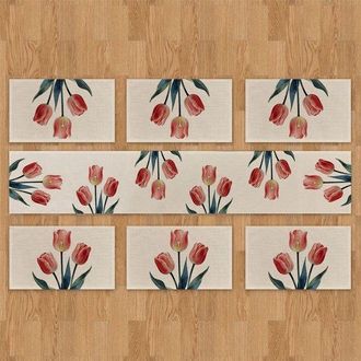 OEM Juego De 7 Piezas: 6 Manteles Individuales, 1 Camino De Mesa, Posavasos, Lavable, Poli&eacute;ster, 30 X 50 Cm / 33 X 183 Cm, Tulipanes Rojos