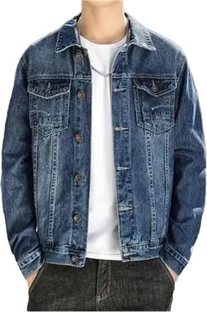 Generic Mens Denim Jacket Button Bomber Jean Coats Vintage Outwear Dark Blue Denim Coat M