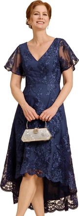 Ever-pretty Womens Lace Embroidered Midi Wedding Guest Dress V-Neck Short Sleeve High-Low Hem Evening Gowns Navy Blue 16