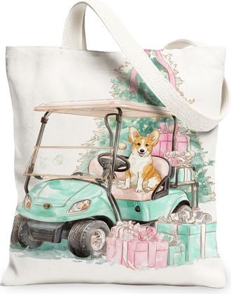 Generic Corgi Canvas Tote Bags, Cute Dog Cart Pattern Reusable Grocery Bags, Winter Vintage Lightweight Washable Shoulder Strap for, White, 13x15 Inch