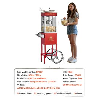 OEM M&aacute;quina Para Hacer Palomitas De Ma&iacute;z, Capacidad De 48 Tazas, Dise&ntilde;o F&aacute;cil De Limpiar, Color Rojo