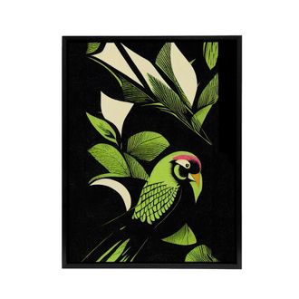 Artery8 Jungle Leaves With Parrot Framed Canvas Wall Art Print in Green | Size: W24 x H32