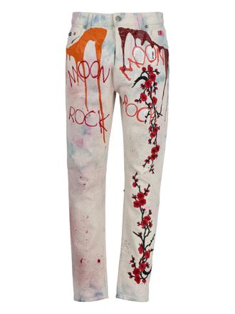 Palm Angels flower-print paint-splatter art jeans - Neutrals