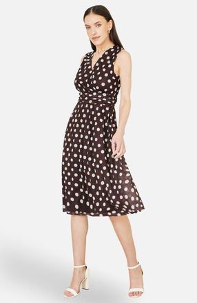 Yumi Polka Dot Mesh Wrap Skater Dress in Brown at Nordstrom, Size 12
