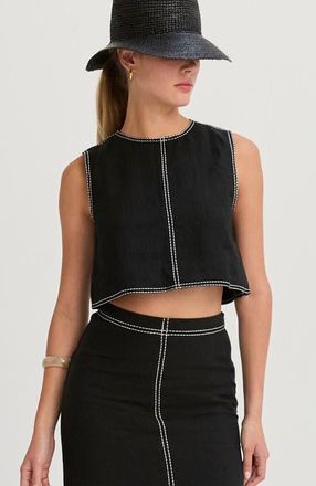 Crescent Embroidered Contrast Stitch Linen Crop Top in Black at Nordstrom, Size X-Small