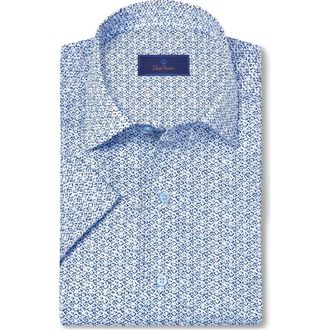 David Donahue Abstract Print Lyocell Short Sleeve Shirt in White/Blue at Nordstrom Rack, Size Xx-Large