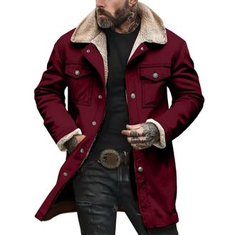 Generic Mens Winter Jackets Long Coats Trucker Jacket Sherpa Fleece Lined Parka Coat with Pockets Casual Oversized Mid Length Trench Coats Cargo Jacket Button