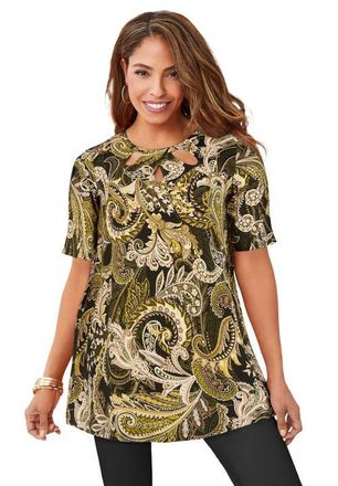 Jessica London Stretch Knit Cutout Swing Tunic in Olive Green Paisley at Nordstrom, Size 12