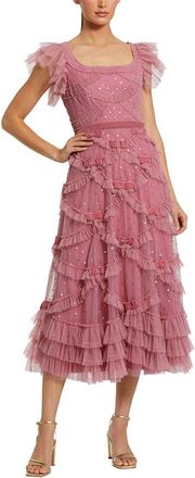 Mac Duggal Dot Net Sequin Ruffle Sweetheart Neck Midi Dress