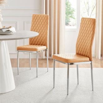Furniturebox Set of 4 Milan High Back Soft Touch Diamond Pattern Faux Leather Dining Chairs With Silver Chrome Metal Legs in Mustard
