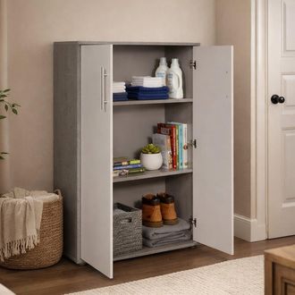 Dmora Dmora - Librer&iacute;a Con 2 Puertas Y 2 Estantes, Estante Para Libros Y Documentos, Armario De Oficina, Cm 79x34h118, Color Blanco Y Cemento