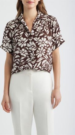 Anne Klein Floral Print Short Sleeve Button-Up Shirt in Dark Chocolate/White at Nordstrom, Size X-Small P