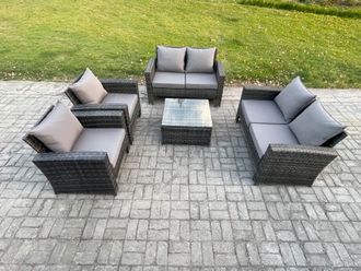 Fimous Rattan Garden Furniture Set 6 Seater Patio Outdoor Lounge Sofa Set with Square Coffee Table Double Seat Sofa Dark Grey