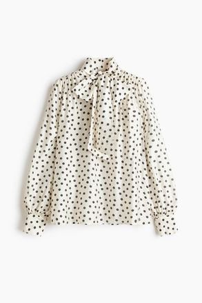 H&M Chiffonbluse mit Bindekragen - Weiss/Polka Dots