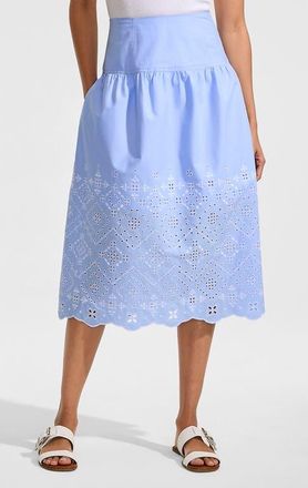 Lands End Poplin Drop Waist Midi Skirt in Navy Striped Placed Floral at Nordstrom, Size 10