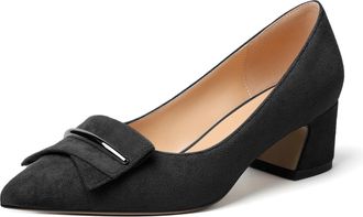 EDEFS Women Pointed Toe Block Heel Pumps Slip on Low Heels Pointed Toe Court Shoes Classic Buckle Design 2 Block Heeled Shoes Suede Black UK2