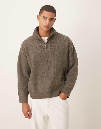 Asos Maglione super oversize squadrato marrone mélange a coste con scollo a imbuto