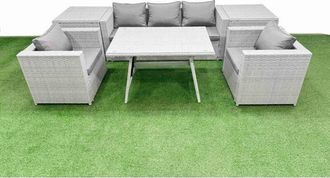 Fimous Outdoor pe Rattan Sofa Armchair Set Patio Garden Furniture Sets with Cushions 2 Side Tables Light Grey 7 Pieces - Fimous