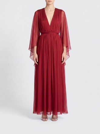 Alberta Ferretti Long Silk Evening Gown with V-Neck and Long Sleeves