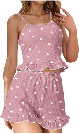 Generic Cocila Pjs for Women Sets Sleeveless Cami Shorts Pajamas Heart Cotton Rib Knit Sleepwear Nightwear Elastic Soft Pjs Lounge Set Tank Top and Shorts Pre
