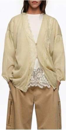 Bimba & Lola Long Cotton and Linen Cardigan With Lace Trim in Light Green at Nordstrom, Size Xx-Small Eu