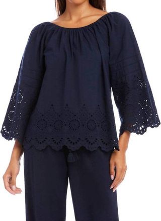Karen Kane Flare Sleeve Embroidered Scallop Edge Peasant Top In Navy