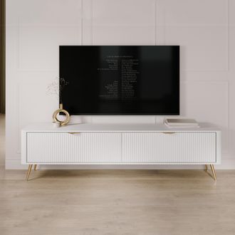 Dmora Mobile Para Tv Kala, 2 Estantes, 2 Puertas, Efecto Rayado Con Patas, 200x38x51h Cm Blanco