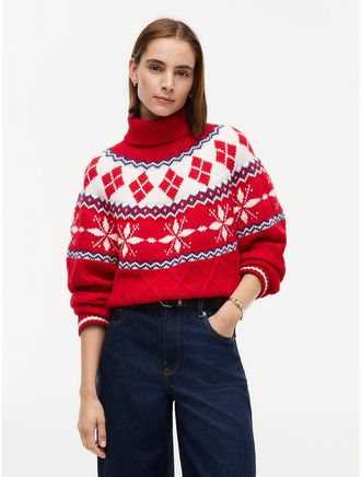 Tommy Hilfiger Womens Relaxed Fit Fair Isle Turtleneck Sweater - Red - XXS