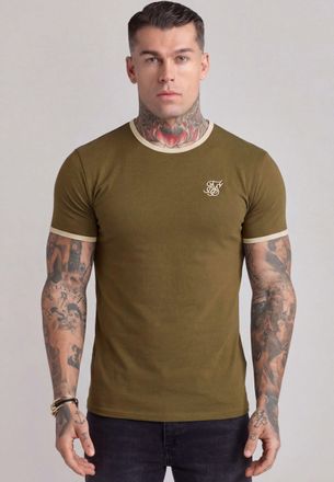 Siksilk Camiseta para Hombres en Verde Caqui, Ecru Ringer XXL