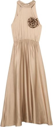 Oltre Lange satijnen jurk met bloem - Dames - Maxi kleedjes - Beige - 3XL - Satijn - Kleedjes