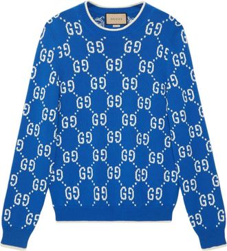 Gucci Jumbo GG Jacquard Crew Neck Sweater Blue Ivory 694767-XKCDF-4559