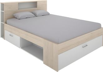 Vente-Unique Cama con cabecero con compartimentos y cajones - 140 x 190 cm - blanco y natural - LEANDRE