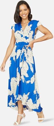 Yumi Blossom Print Dipped Hem Wrap Midi Dress in Blue at Nordstrom, Size 12