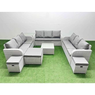 Fimous Pe Rattan Lounge Sofa Set 12 Seater Outdoor Garden Furniture Set with Square Coffee Table 3 Seater Sofa 3 Stools Side Table Light Grey - Fimous