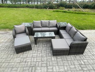 Fimous Outdoor Lounge Sofa Set 9 Seater Rattan Garden Furniture Set with Rectangular Coffee Table 3 Seater Sofa 2 Side Tables 2 Big Footstool