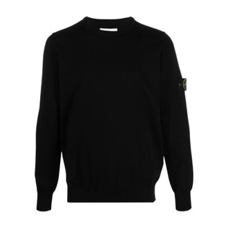 Stone Island Round-neck Knitwear, male, Black, Size: XL Embroidered Sweater with Compass Badge